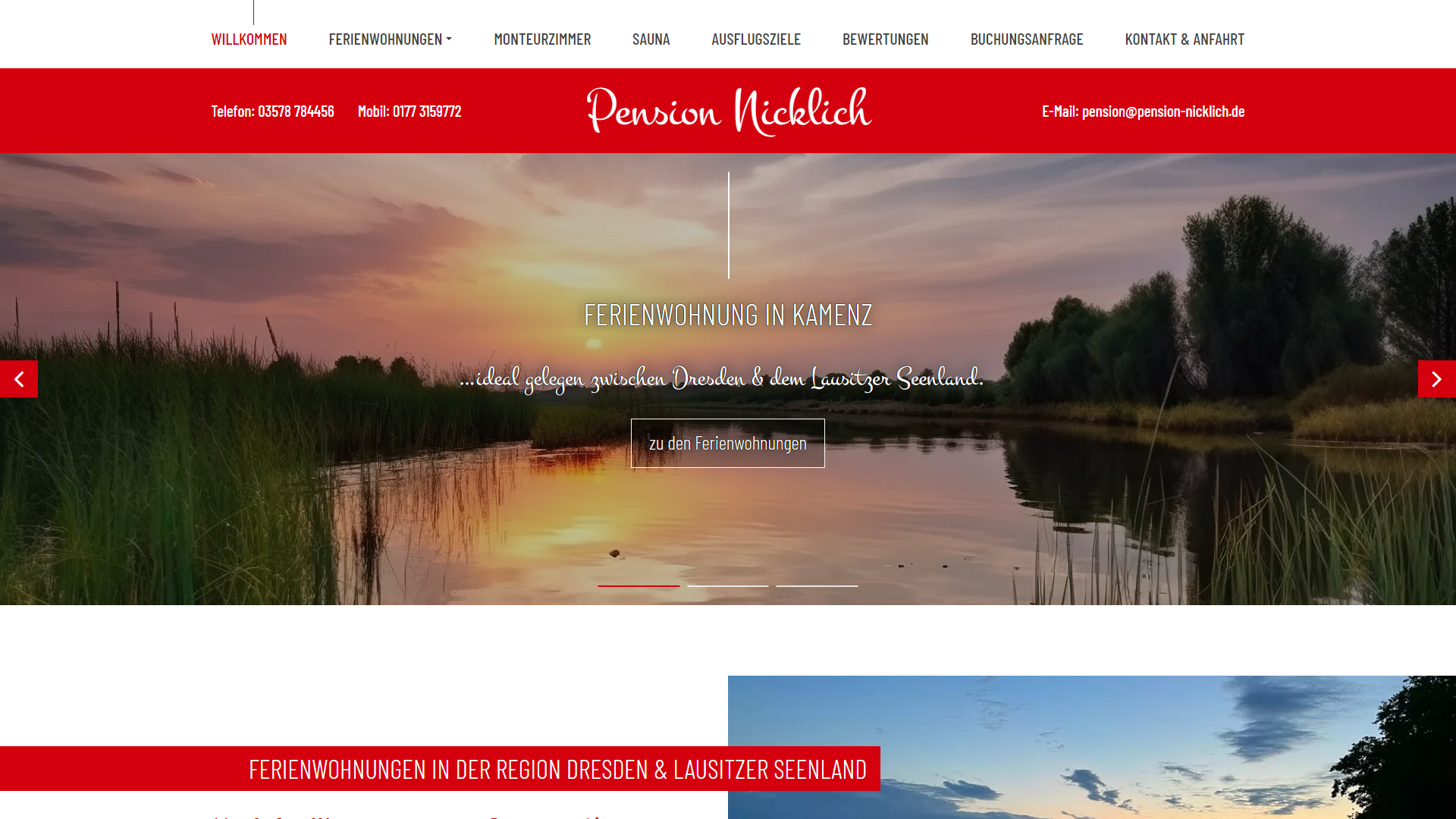 Desktop: Webseite für Tourismus & Gastbranche:  Pension Nicklich Kamenz | Sachsen – Landkreis Bautzen